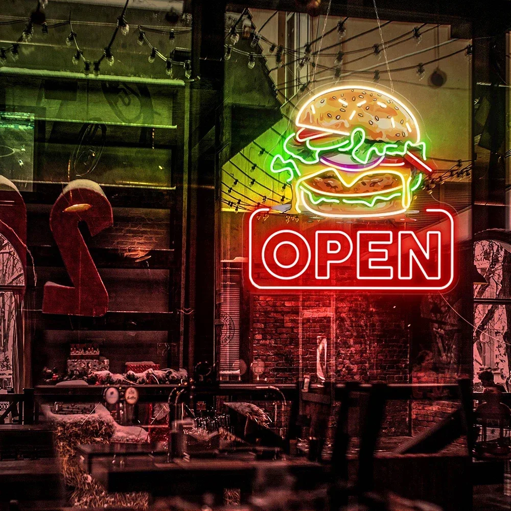 

Burger Open Neon Sign Custom Restaurant Wall Decor Shop Opening Neon Light Street Fast Food Store Led Night Light Welcome Signs