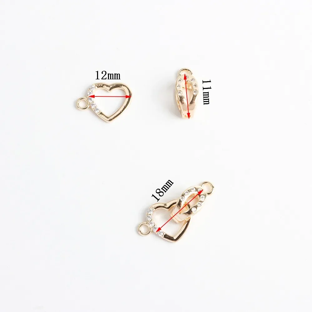 18K Copper-plated Gold Peach Heart Inlaid Zircon Buckle Head Necklace Bracelet Tail Buckle Handmade DIY Accessories Material