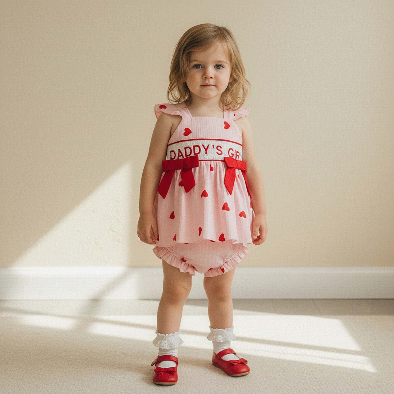 

Наряд на День святого Валентина для маленьких девочек, топы на бретелях с квадратным вырезом и летящими рукавами, вышивкой букв и шаровары с эластичной резинкой на талии, шорты