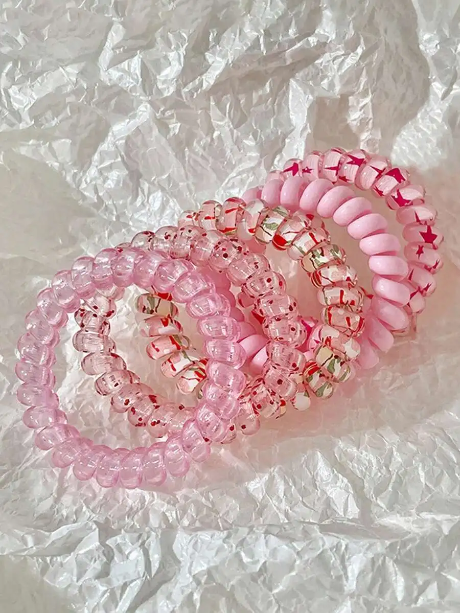 

5pcs Transparent Pink Floral Spiral Hair Scrunchies—Elastic Ponytail Holders For Casual, Party, Travel & Daily Styling Use