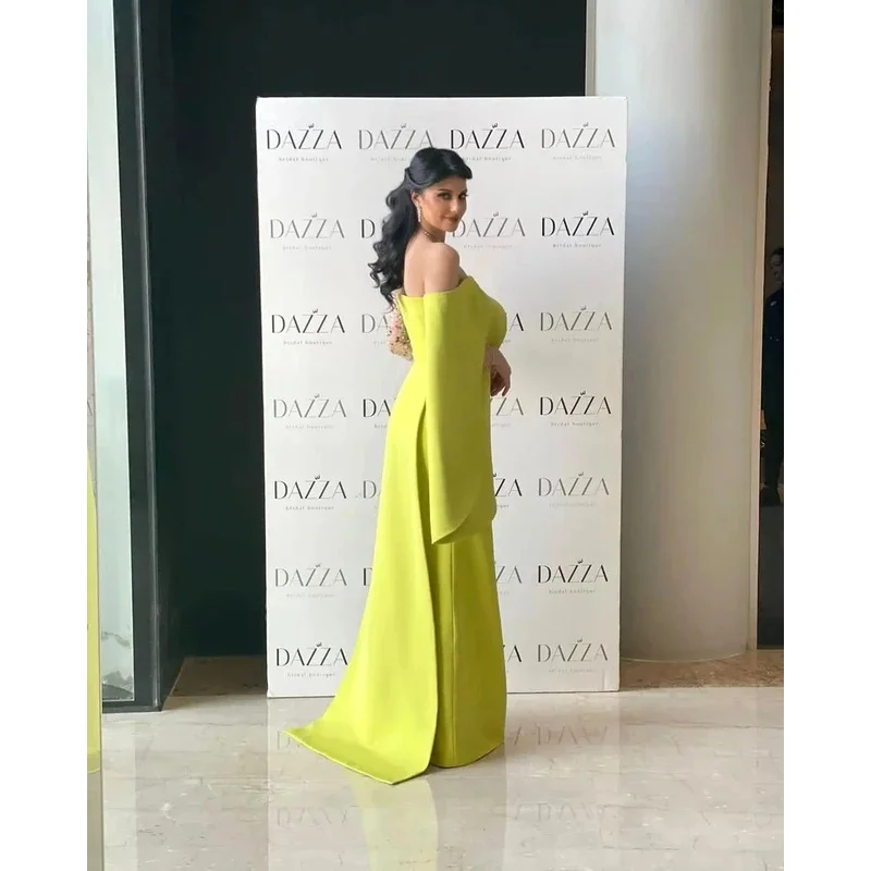 Indie Yellow Green modern boat neck strapless evening dress floor length satin crystal Saudi Arabia prom dresses customized 2025