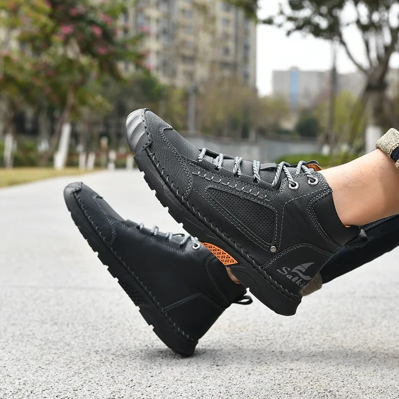 Men's Leather Ankle Boots Outdoor Casual Boots Vintage Soft Sneakers Flat Lace-up Boots Handmade Large Size Mens Shoes Botines image 4