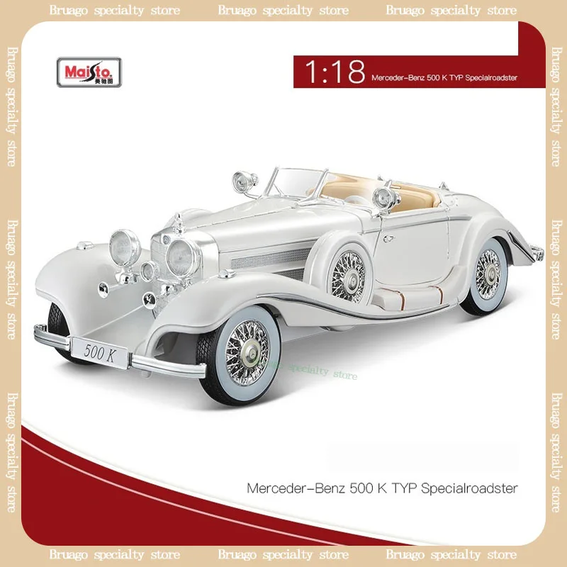 Maisto-Modèle réduit de voiture Mercedes Benz, échelle 1:18, 500k, en alliage, gris, blanc, classique, rétro, vintage, simulation, objet de collection, cadeau masculin