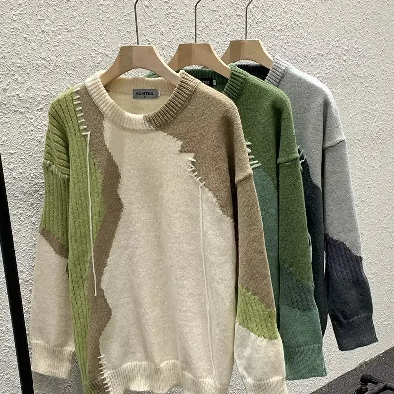

Autumn Winter Large Size Men's Casual Knitwear American Retro Design Sensation Small ence Sweater Baseball Collar Diamond...