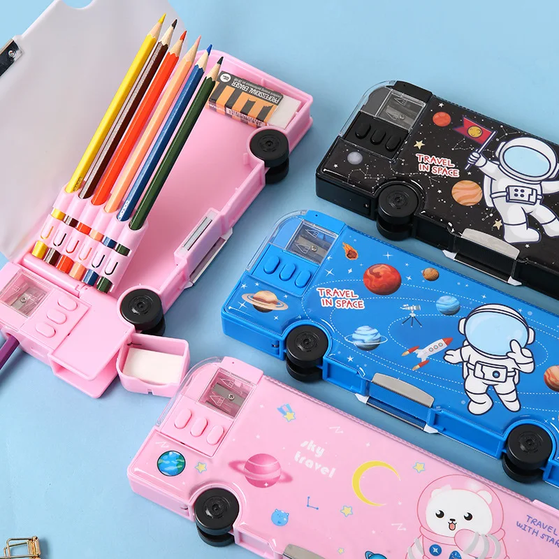 Bus Style Double-side Pencil Case With Magnetic Switch Large Capacity Cartoon Pen Stationery Box for Student School Supply