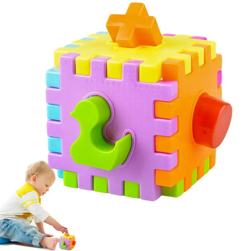 

Shape Sorter Toys Re-Buildable Colorful Cube Box with 6 Sorting Blocks Sensory Activity Bins for Toddler 3 Montessori Learning