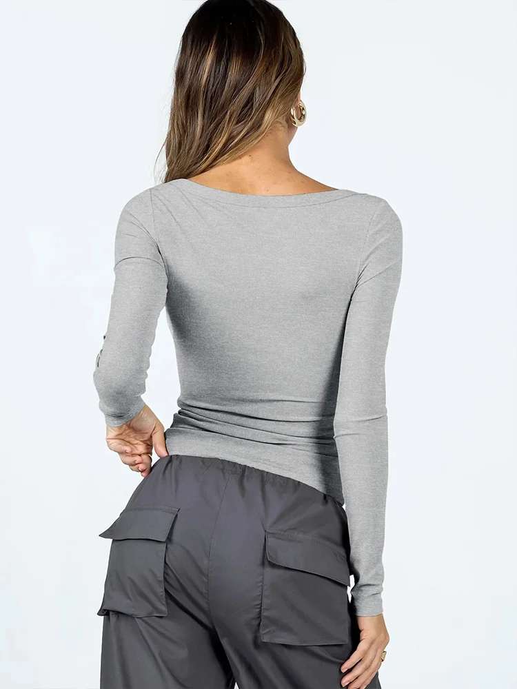 تي شيرت نسائي برقبة مربعة وأكمام طويلة - لون خالص، كاجوال، مثالي لخريف وربيع 2025 وصول جديد #6