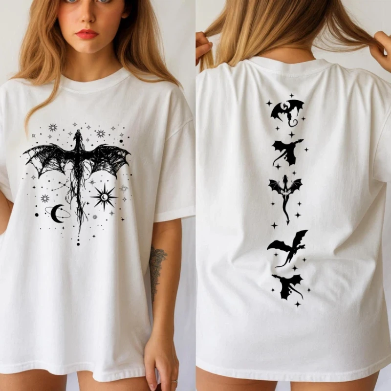 Vintage-Drachen-T-Shirts für Damen, lässige Mode, Sommer, koreanische hochwertige Oberteile, lockere T-Shirts mit O-Ausschnitt und kurzen Ärmeln – Detail 3