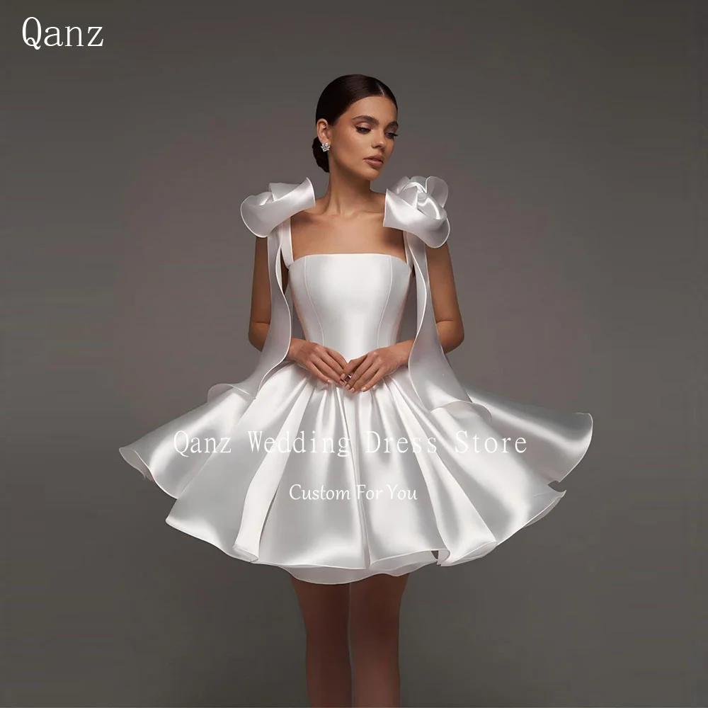 Qanz White Satin Short Wedding Dresses For Bride Mini Puffy A Line Bridal Party Gown With Bow Backless Vestidos Novia Customized