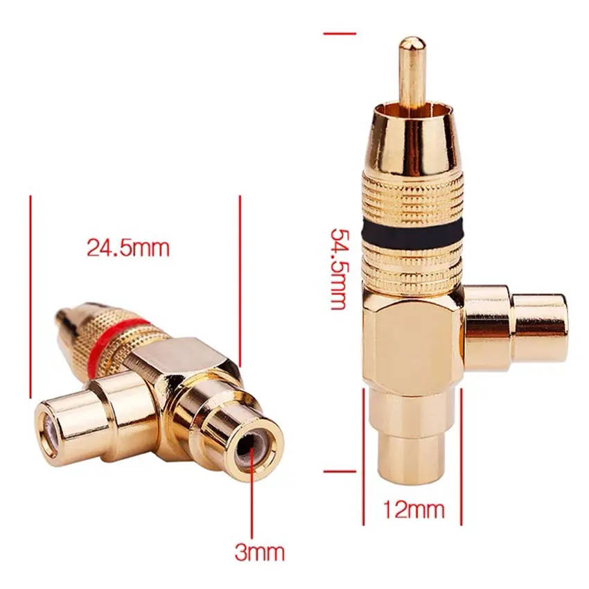 RCA Male To RCA Female Lotus Connector Tee Type 3Way Splitter for AV Audio and Video Converter Adapter Gold Plated Copper Brass