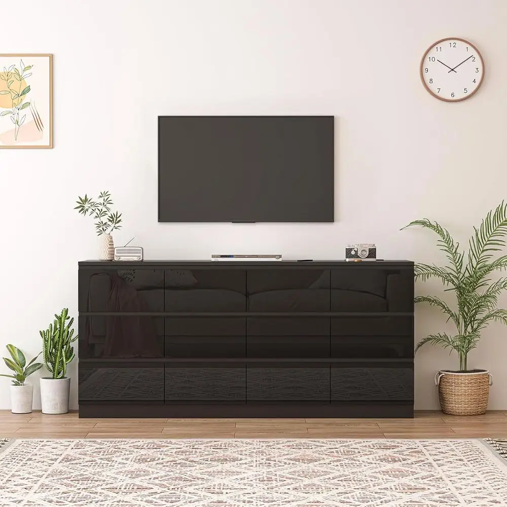 Commode contemporaine à 12 tiroirs avec station de recharge, commode de rangement spacieuse pour la maison en noir