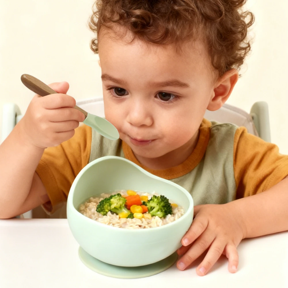 

Детская миска с присоской без разлива, конструкция Easy-Scoop для малышей, безопасная для микроволновой печи и мытья в посудомоечной машине, силиконовая кормушка без BPA