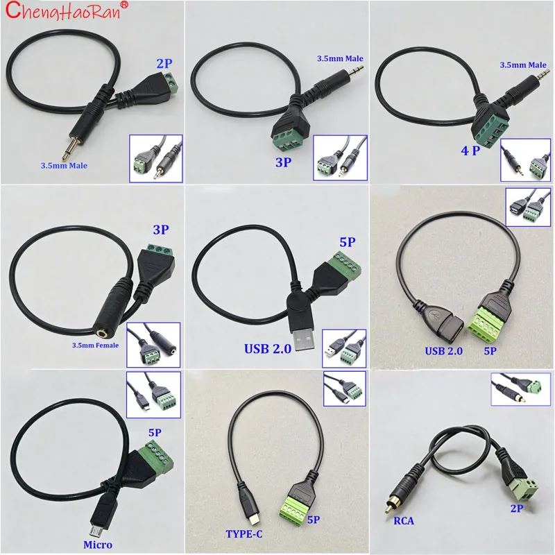 

1PC Bolt Screw Connector USB 2.0 Female Micro USB Mini USB Type-C Male to 5 Pin Female with Shield Terminal Plug Adapter Cable