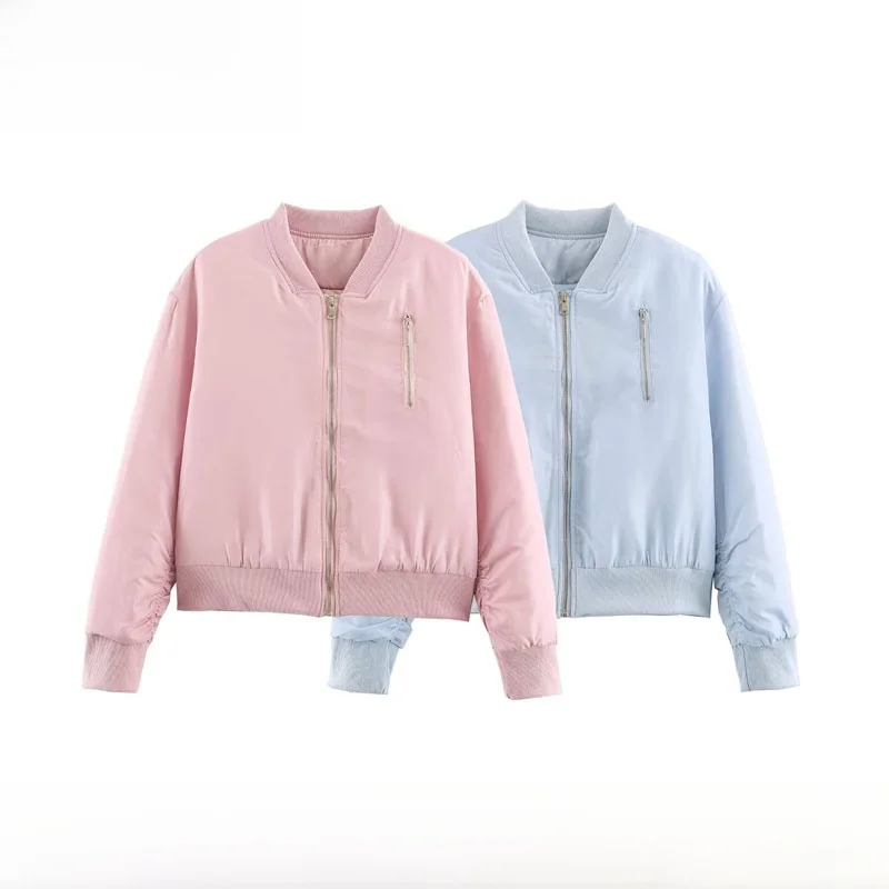 Spring Summer New Women's Loose Casual Collar Baseball Jacket Cotton Outerwear Short Coat Polyester Fiber Long Sleeve Zipper