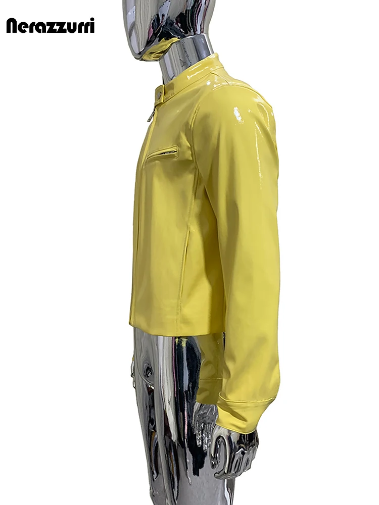 Nerazzurri Autumn Short Shiny Reflective Yellow Pu Leather Racing Jacket Men Zipper Luxury Y2K Streetwear Menswear Clothes 2026