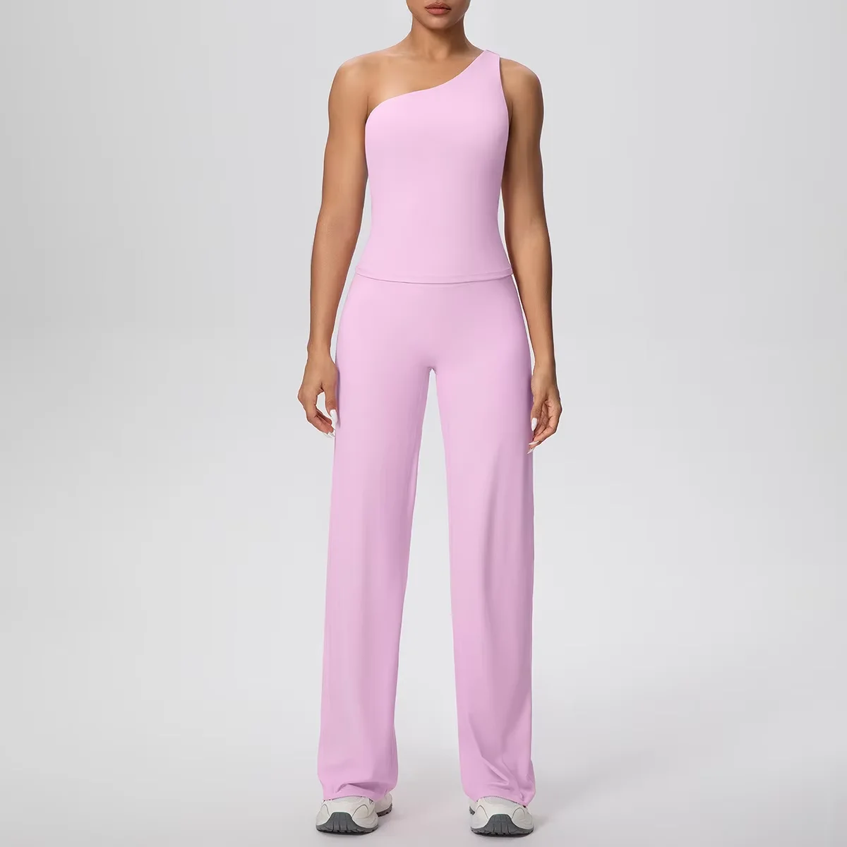 Women's XS Asymmetric Single Shoulder Yoga Set Breathable Solid Sports Bra Loose Straight Leg Running Pants Waist-Cinching