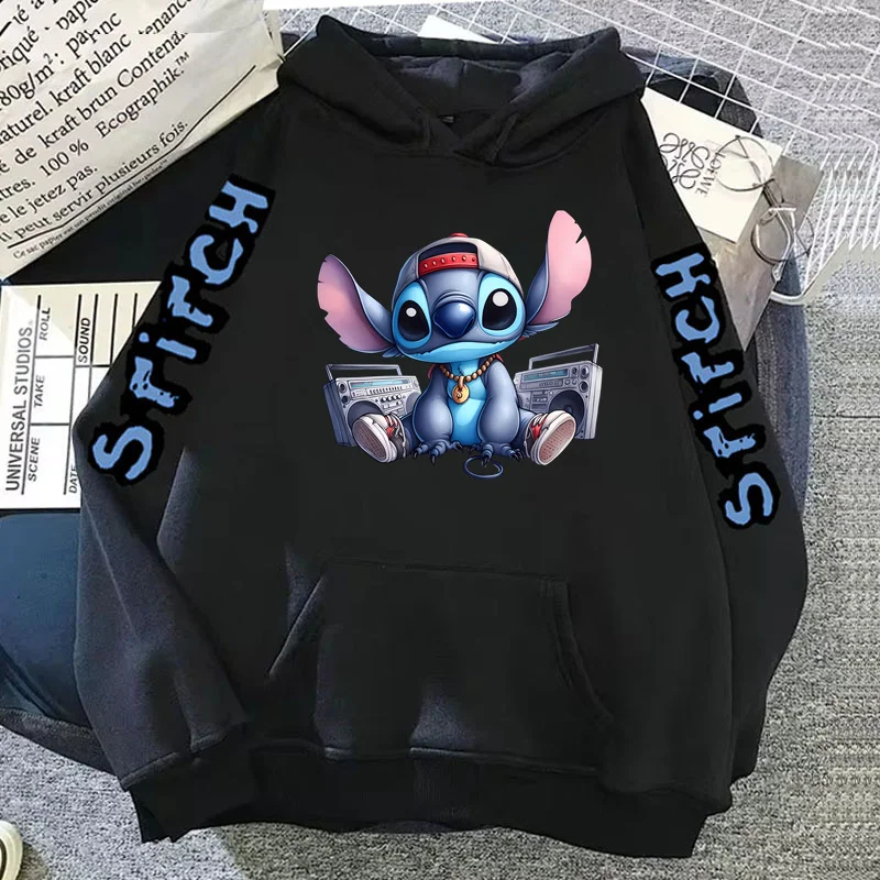 Mulheres Disney Cartoon Stitch Imprimir moletom com capuz, manga comprida com capuz, roupas Hip Hop, roupas Y2K