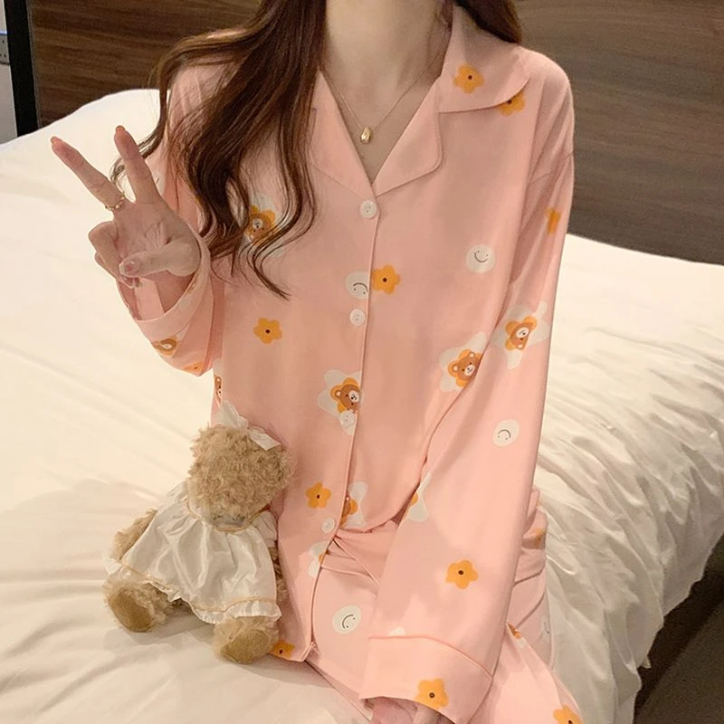 Spring Autumn Cardigan Long-Sleeved Sleepwear Two-Piece Set 2024 Cute Cartoon Student Homewear Suit Women's Casual Loose Pajamas