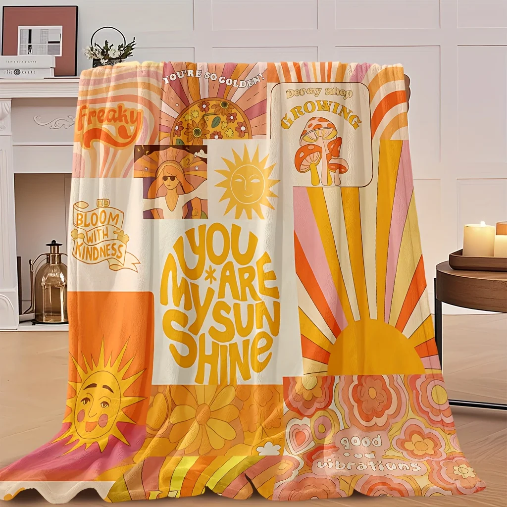 1pc Retro 60s/70s Hippie Sun & Psychedelic Blanket - Soft Quilted-Like Texture, 1960s Slogans (You're So Groovy), All-Season