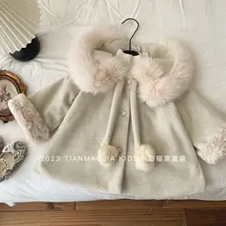 Korean Girls Winter New Fashionable Children Clothing Large Woolen Collar Coat Long Sleeved Woolen Coat for Girls Trendy