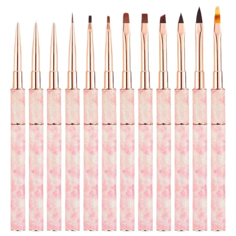 Nail Art Brushes Set Rose Gold Handle, Liner Blending Ombre Kit for Gel Design, Premium Nail Supplies