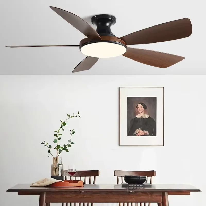 46/56 Inch Low Floor Ceiling Fan Light Modern Black ABS Blade DC Remote Control LED Fan Light Dining Room Bedroom