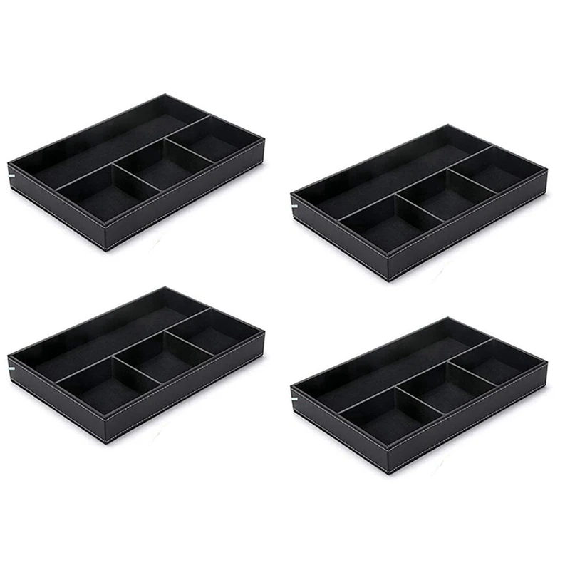 

4X 4 Slots Desk Drawer Organizer, Pu Leather Drawer Storage Organizer Divider For Office Desk Supplies Value(Black)