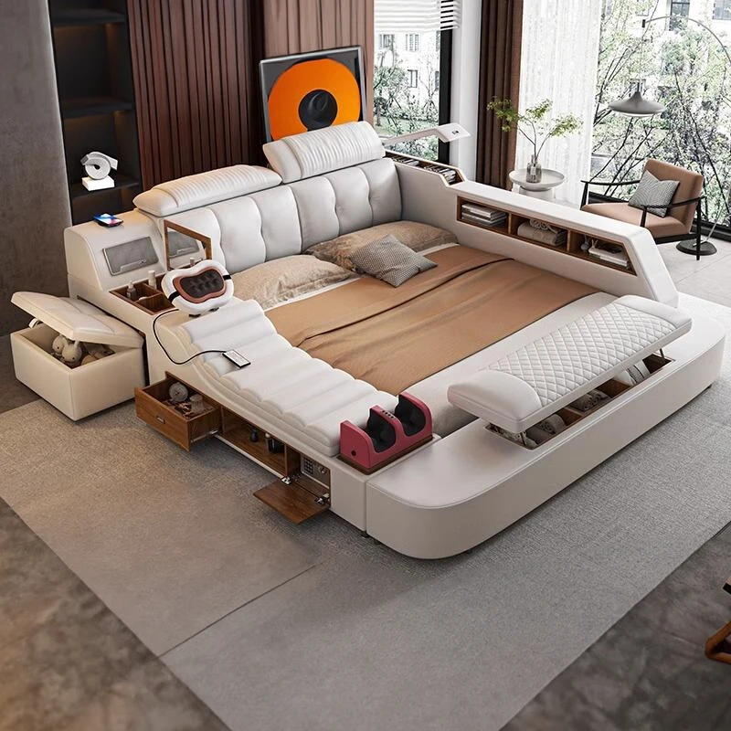 

Multifonction Aesthetic Bed Leather Massager Lounge Queen Size Bed Wood Tatami Luxury Camas De Dormitorio Bedroom Furniture