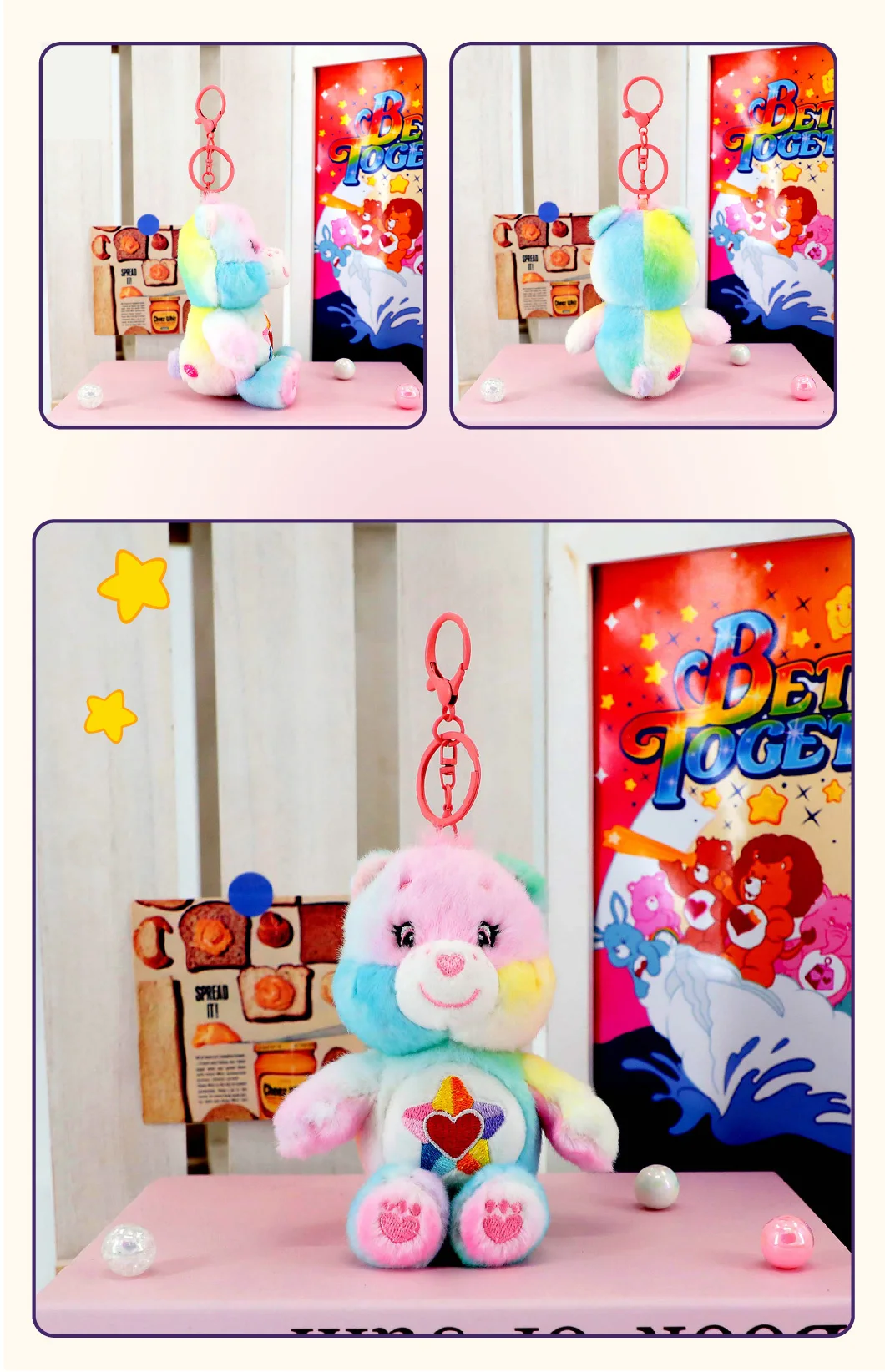 Care Bears Plüsch-Schlüsselanhänger mit Quietschgeräusch, 15 cm, süßer Bärenanhänger für Rucksack, Gepäck, Ornament, Dekoration, Kindergeburtstag, Weihnachtsgeschenk – Detail 3