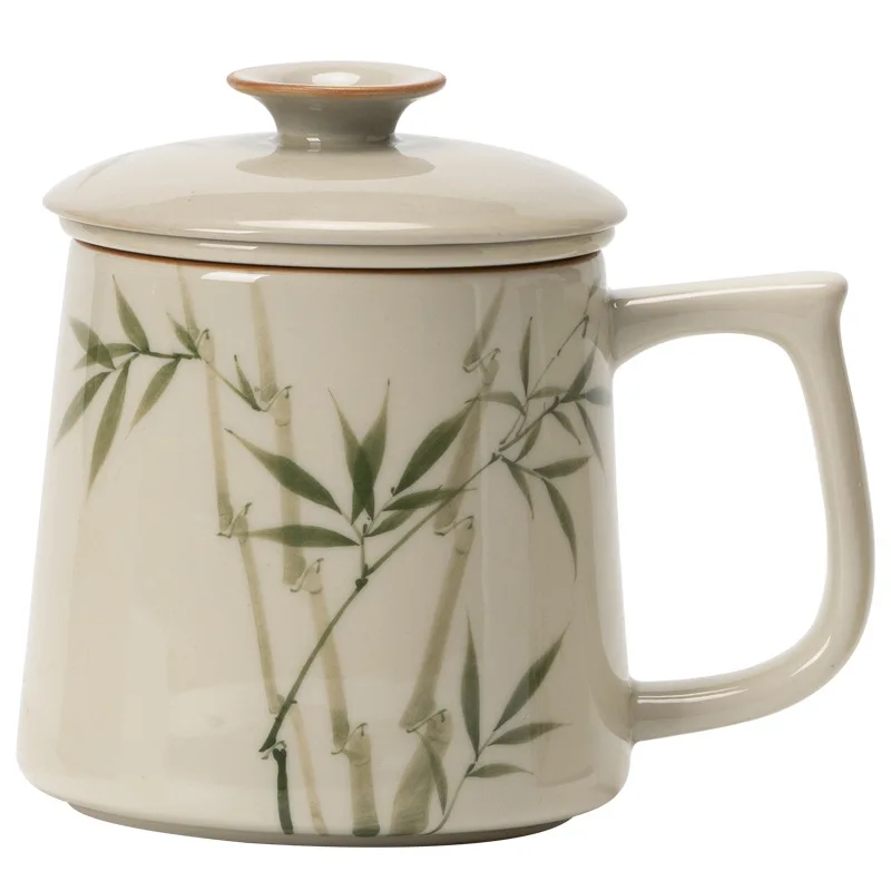 

DSA Hand Painted Emerald Green Bamboo Ceramic Mug with Lid Tea Water Separation Office High-end Tea Drinking Cup