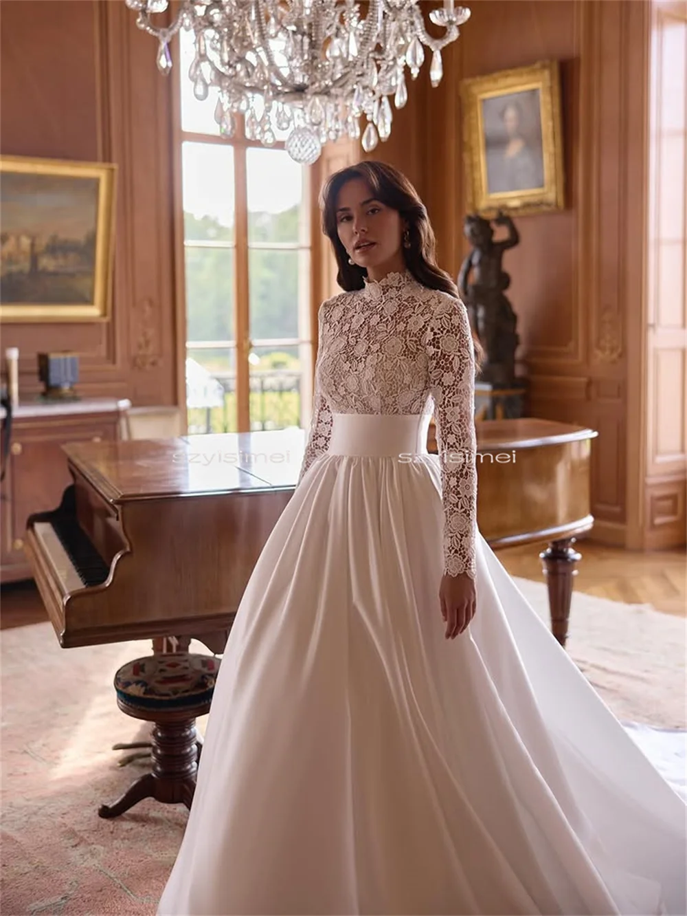 Robe de mariée trapèze élégante, col haut, jupe en Satin et dentelle, robe de mariée personnalisée à manches longues