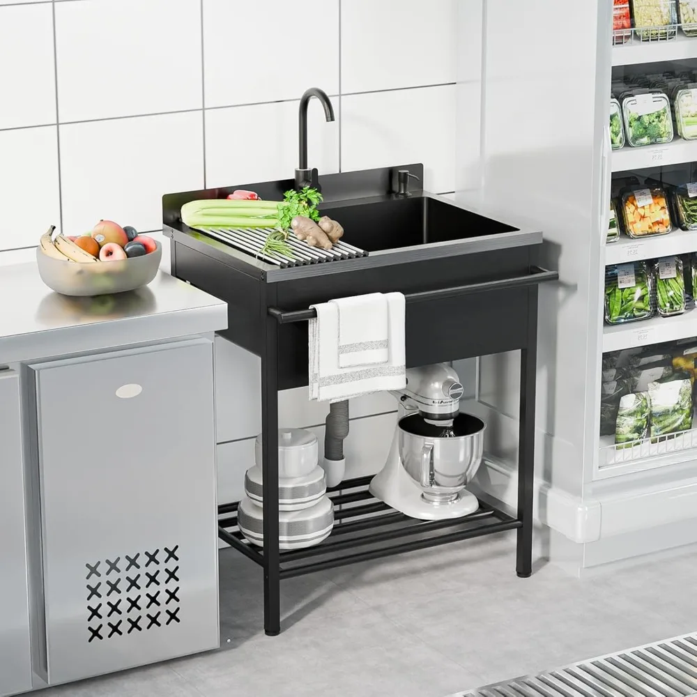 Kitchen Stainless Steel Utility Sink Free Standing with Faucet & Draining Rack
