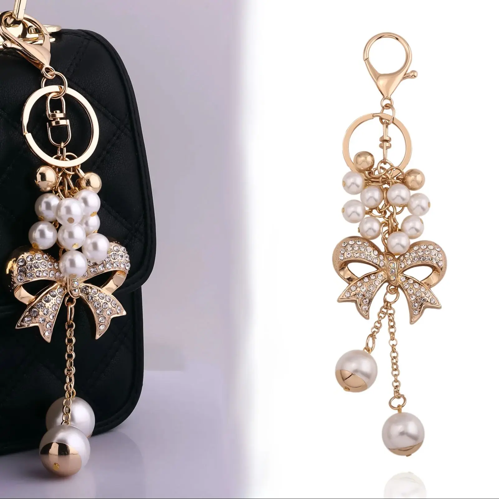 Elegant Pearl Bow Keychain Women’s Bag Charm Rhinestone Pendant Gift
