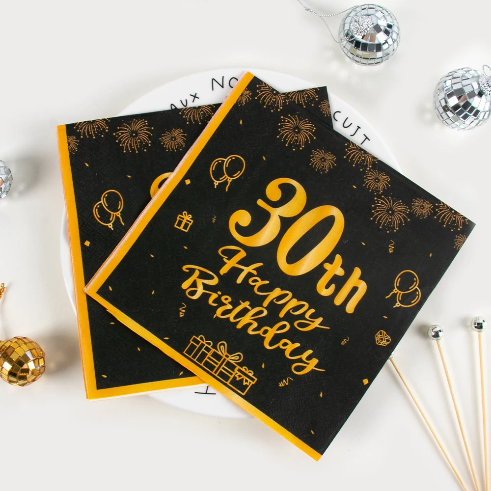 20Pcs Black Gold Birthday party Disposable Napkins Adult Anniversary Tableware Supplies 30th 40th 50th 60th Birthday Decorations