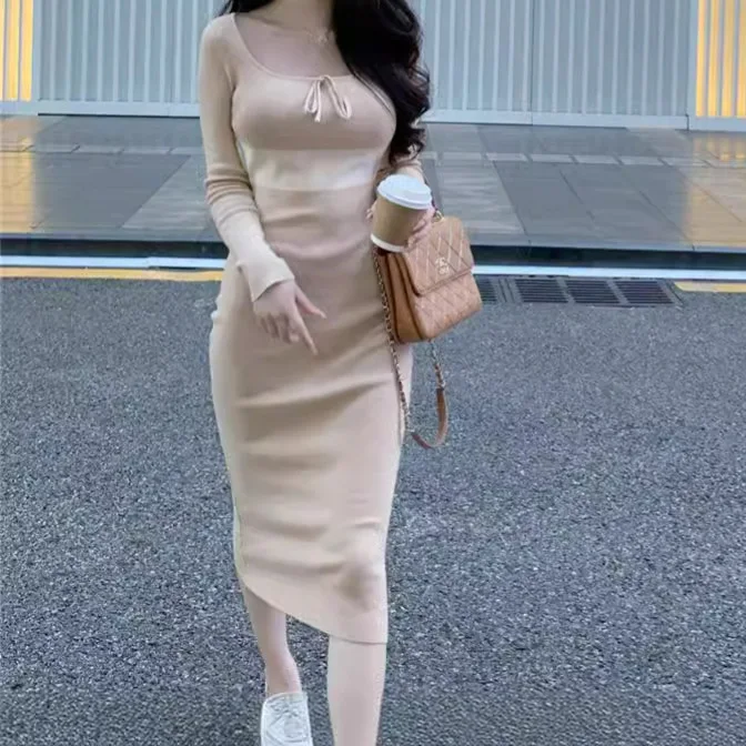 

6939 Pure Desire Ceiling~2023 Autumn Winter New U-Neck Color Block Bow Waist Slimming Slit Dress