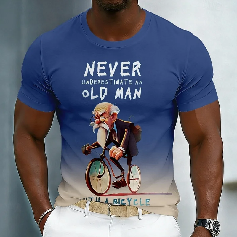 3D Printed An Old Man And A Bicycle T-Shirt For Men Funny Graphic Short Sleeve Tees Summer Casual Tops Round Neck T Shirts