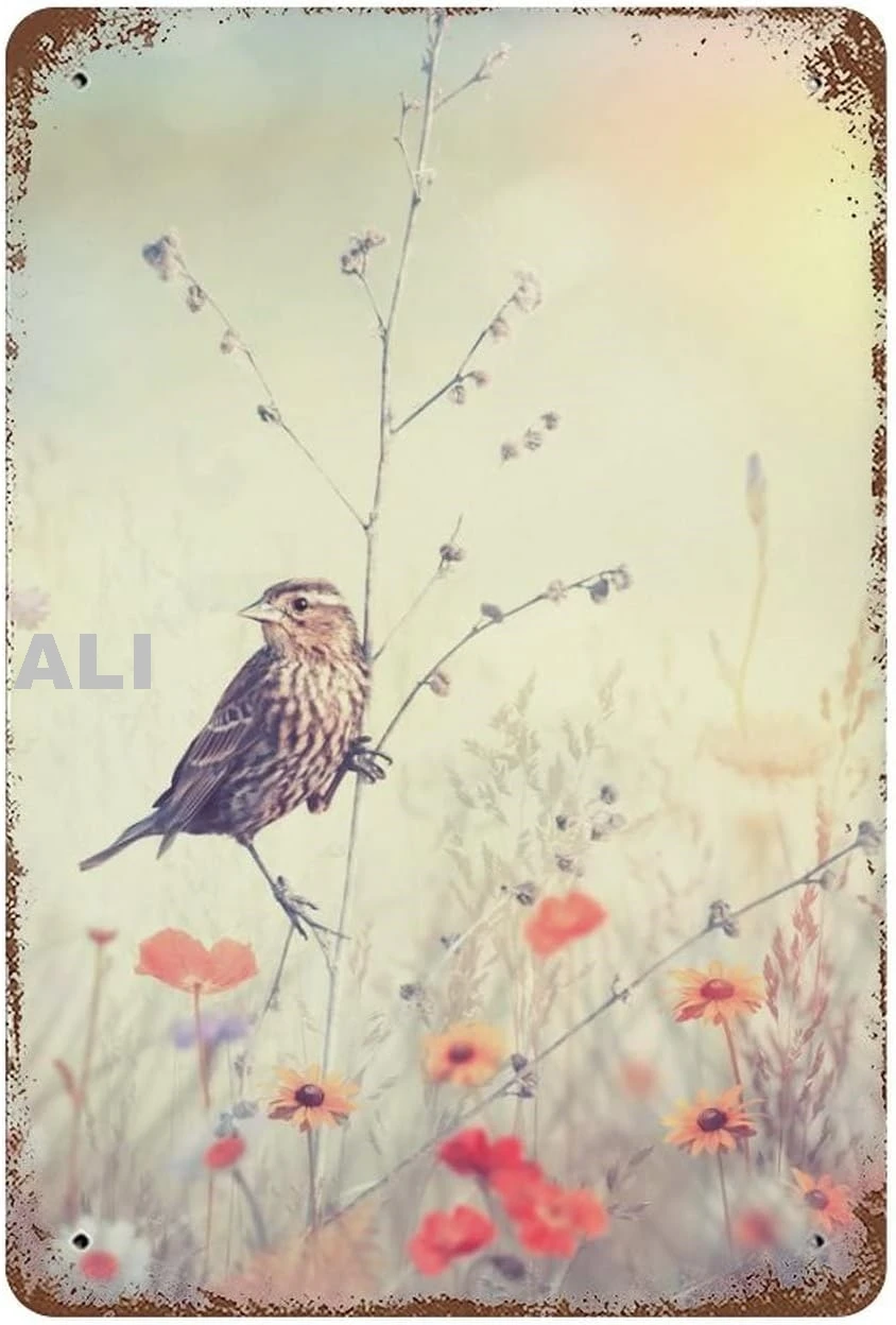 Retro Vintage Metal Plaque Sign Field with Wild Flowers and A Bird in The Sunlight Vintage Metal Tin Signs for Men Women Wa sign