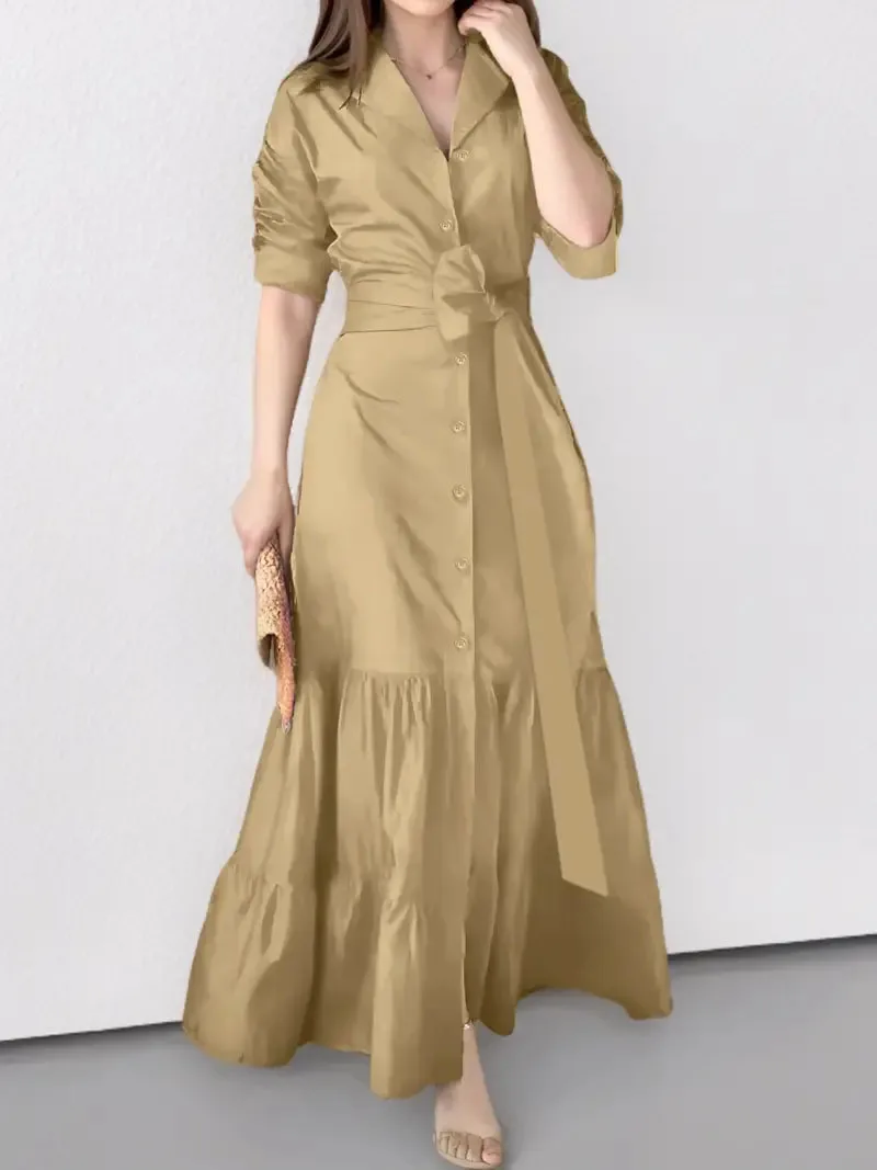 

Spring and Summer Women's Shirt Dress Suit Collar Fashion Button Belt Bow High Waist Slim and Elegant Office Skirt