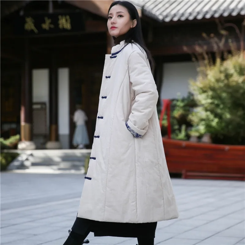 Luxury Brand Vintage Cotton Linen Long Parka Coat Warm Winter Trench Coat Patchwork Single-breasted Harajuku Outerwear Losse Top