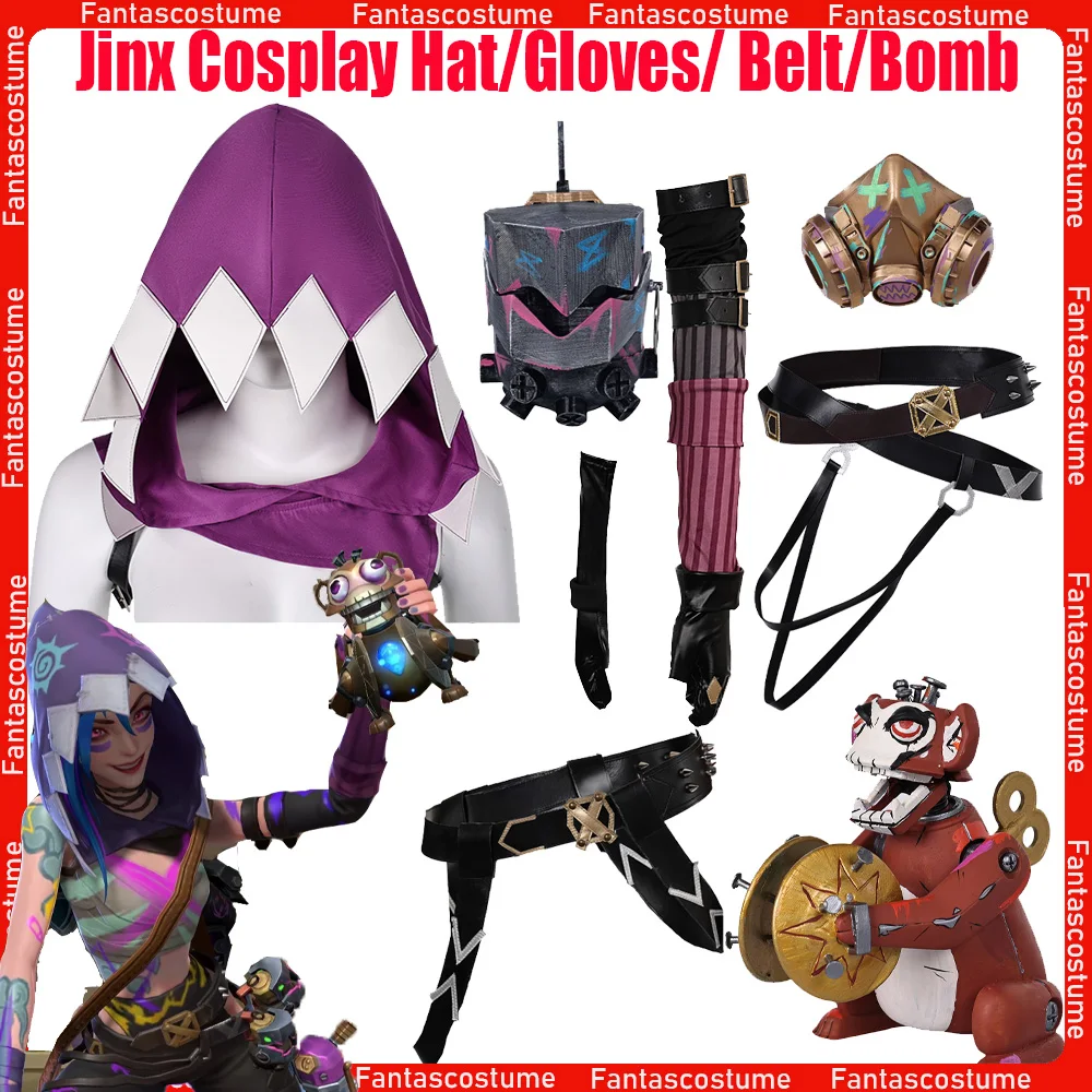 Jinx Belt Cosplay Hat Waistband Gloves Acrane Game LOL Fantasy Mask Monkey Fingure Bomb Prop Halloween Party Costume Accessories