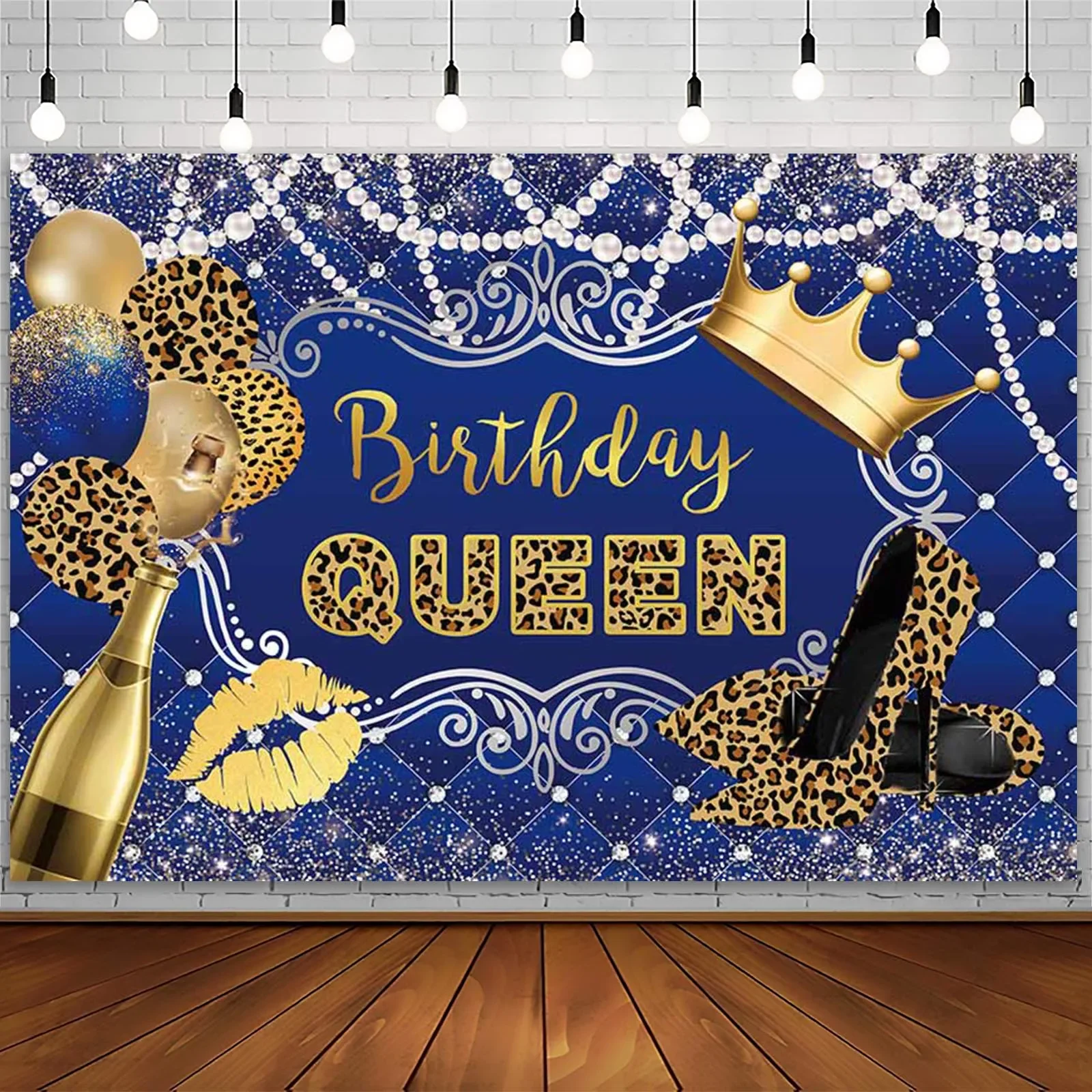 

Girl's Birthday Backdrop Champagne Leopard Theme Black and Gold Diamond Balloon Birthday Party Decor Banner Background Props