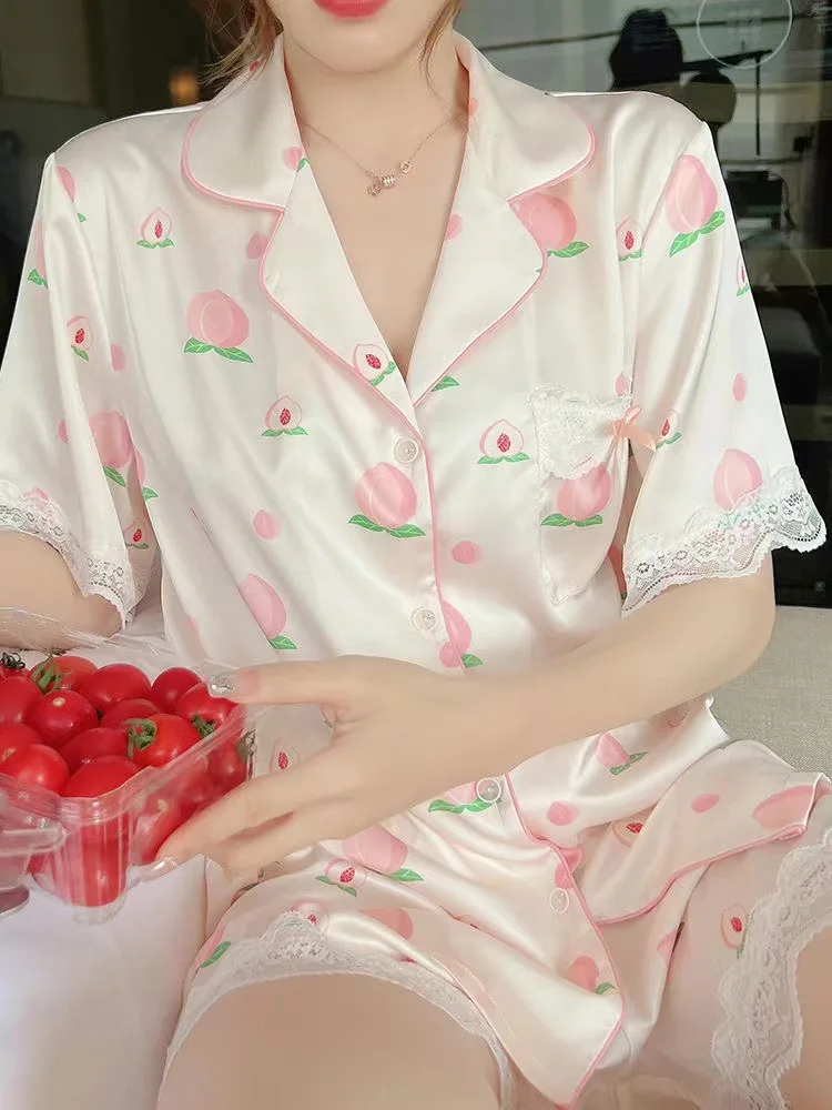 Women\'s Pajamas Sets Spring Summer 2 Piece Print Pyjama Buttons Faux Silk Satin Sleepwear Short Sleeve Pijama Mujer Pjs Homewear