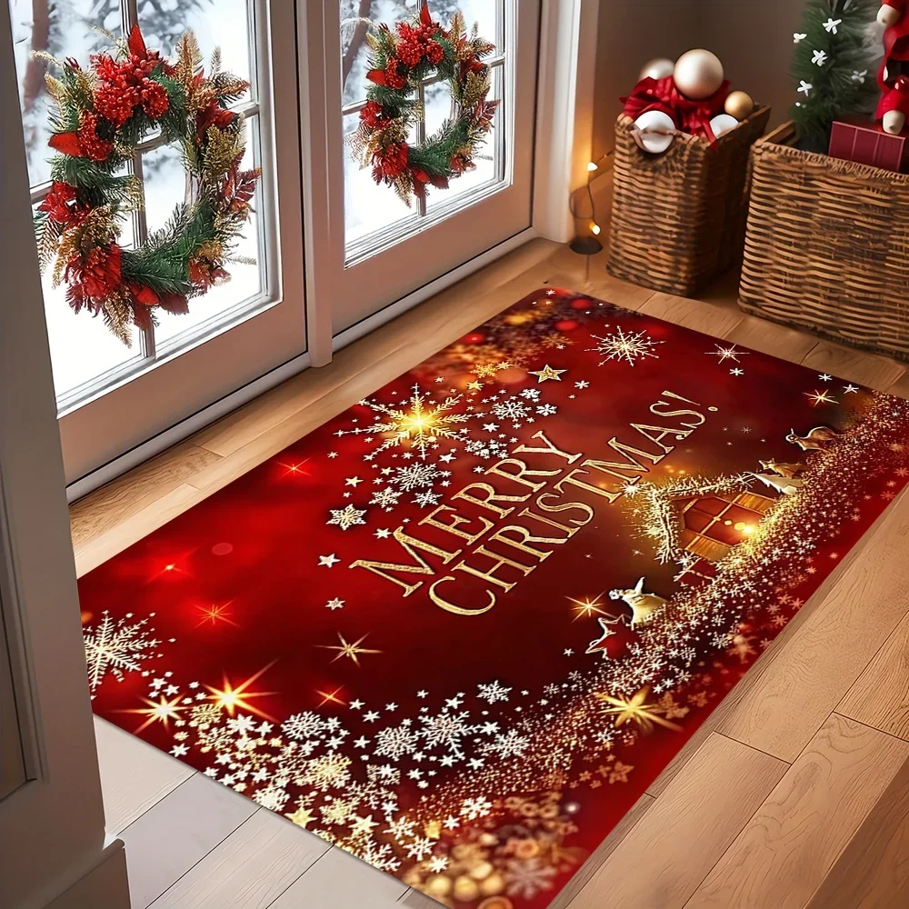 1pc Shiny Gold Letter Merry Christmas Area Rug Sparkle Starry Light Floor Mat Winter Snowflake Pattern Welcome Rug Doormat