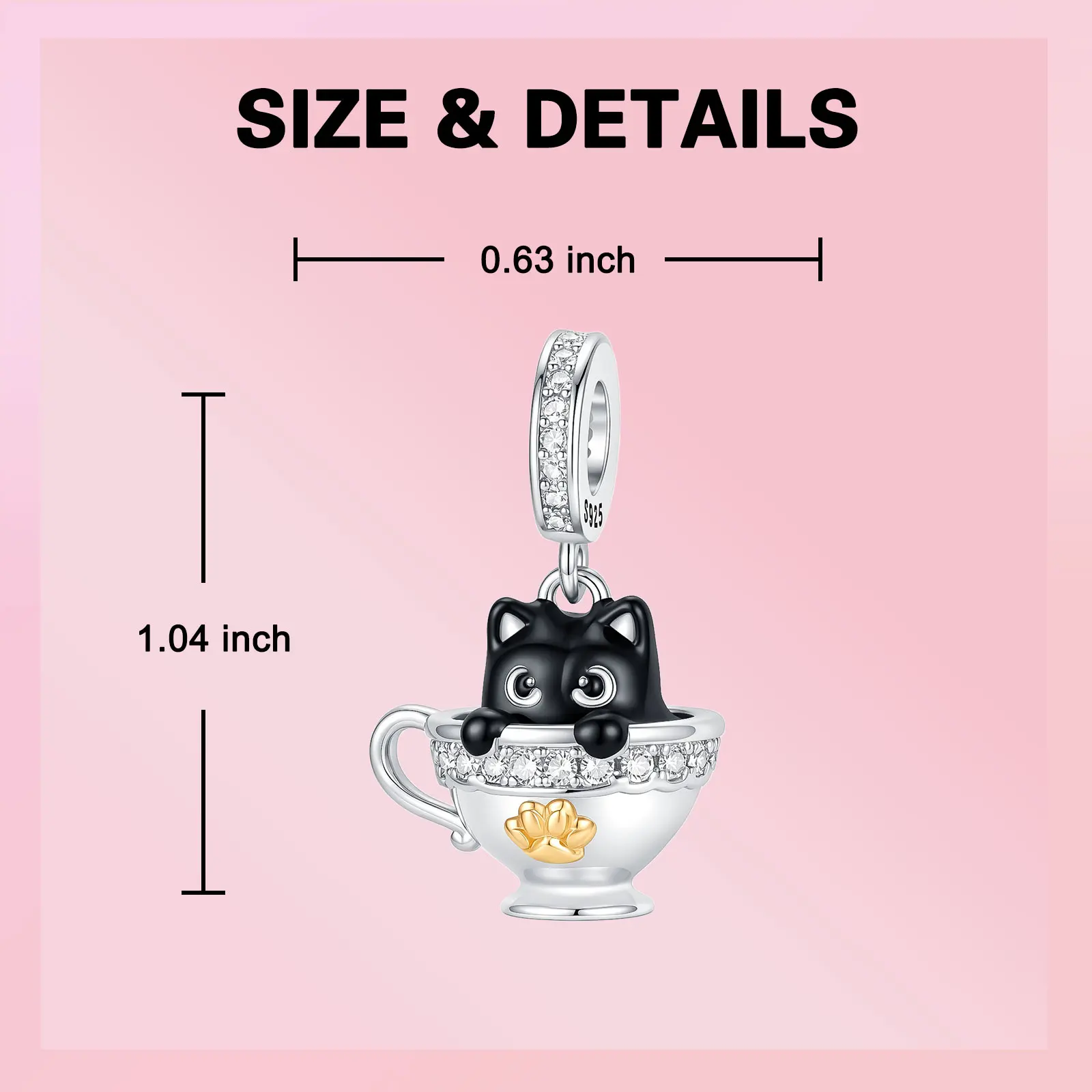 Black Cat in Teacup Dangle Charm 925 Sterling Silver Bead Two Tone Gold Cat Paw Print offee Cup Bead Fit Bracelet Jewelry Gift