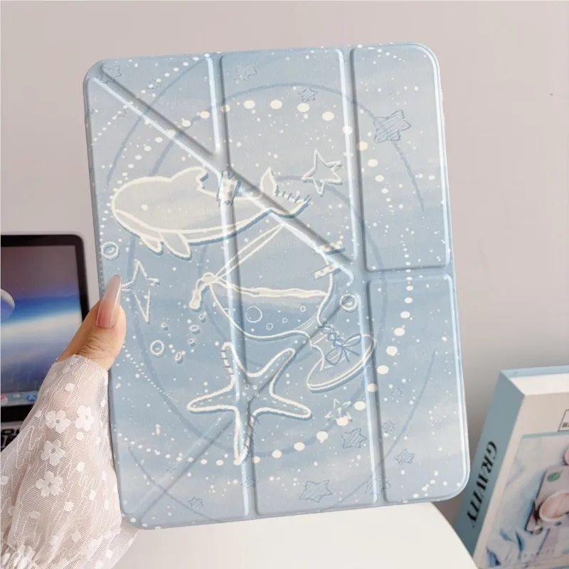 Minimalist Healing Sea Ocean Tablet Case Whale Trifold Stand for iPad Air 6 7 8 Gen Pro 11inch M2 M3 M4 M5 2018-2026 Cover