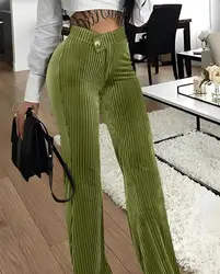 Denim Look Print Overlap Waist Work Pants Women Summer Spring Full Length Pants Trousers