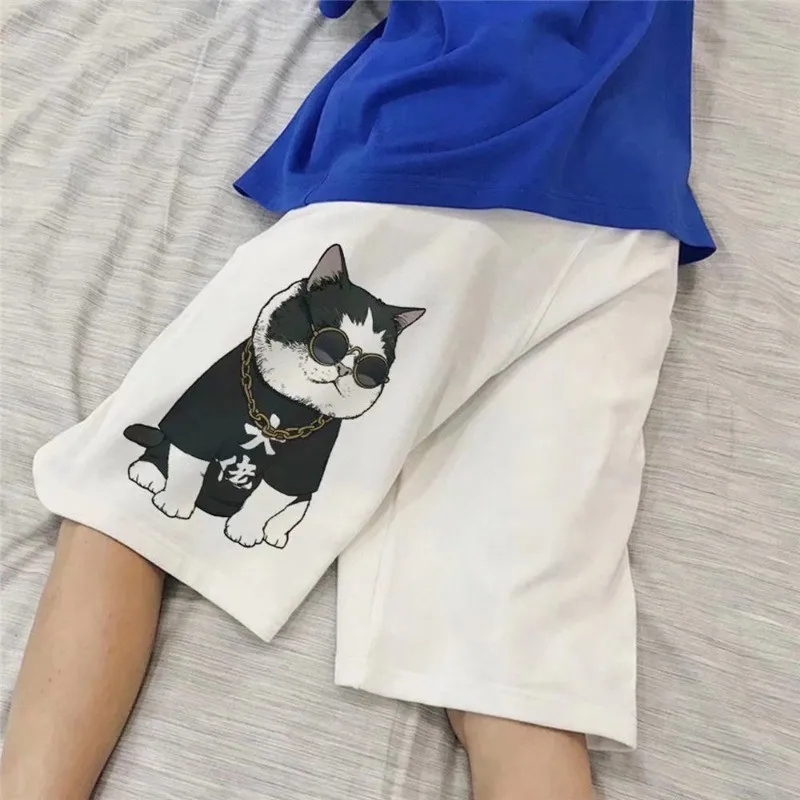 【 M-8XL 】2026 Cute Cat Print Men Shorts Elastic Waist Drawstring Loose Casual Summer Shorts