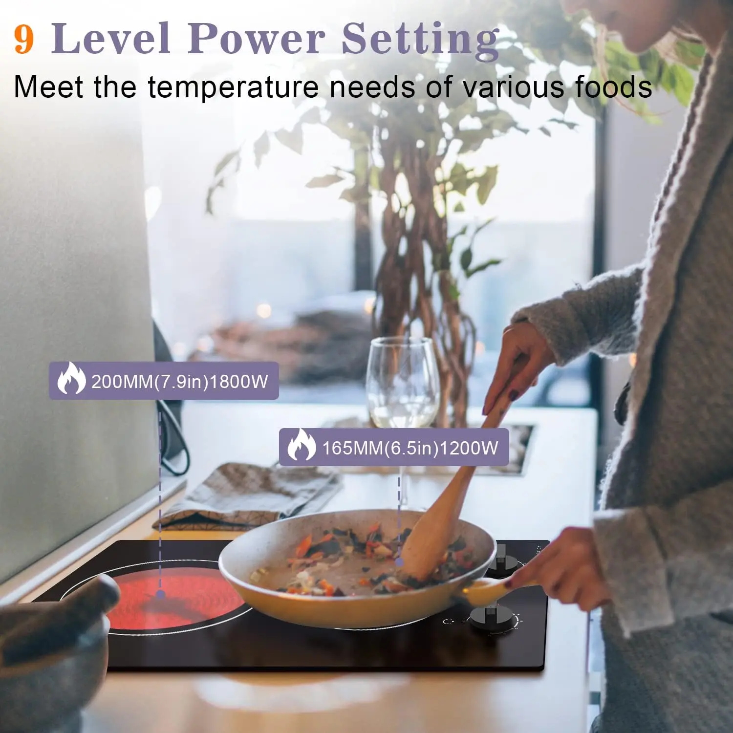 نوكستون 110 فولت موقد سيراميك كهربائي 2 شعلة، توصيل 12 بوصة، 2000 وات، استخدام مدمج أو عداد، 9 مستويات طاقة، تحكم في المقابض