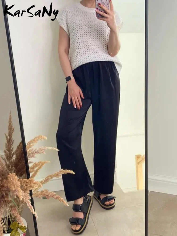 Black Summer Satin Straight Pants Women Silk White High Waist Wide Leg Trousers Silk Work Pants For Women Summer Clothes 2024