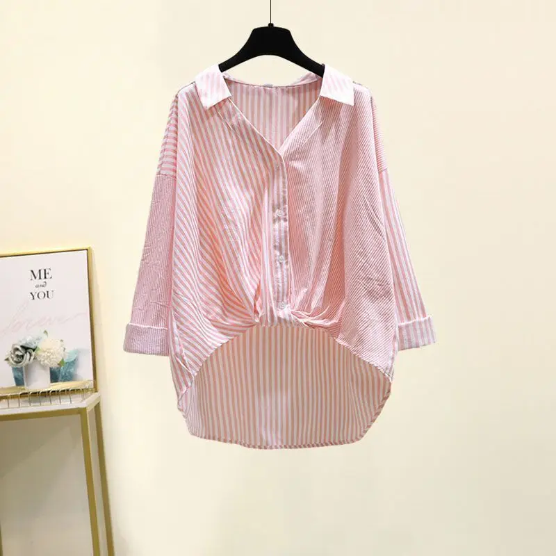 2023 Spring and Autumn Casual Loose Oversized Women's Fashion Minimalist V-neck Striped Front Short Back Long Versatile Shirt